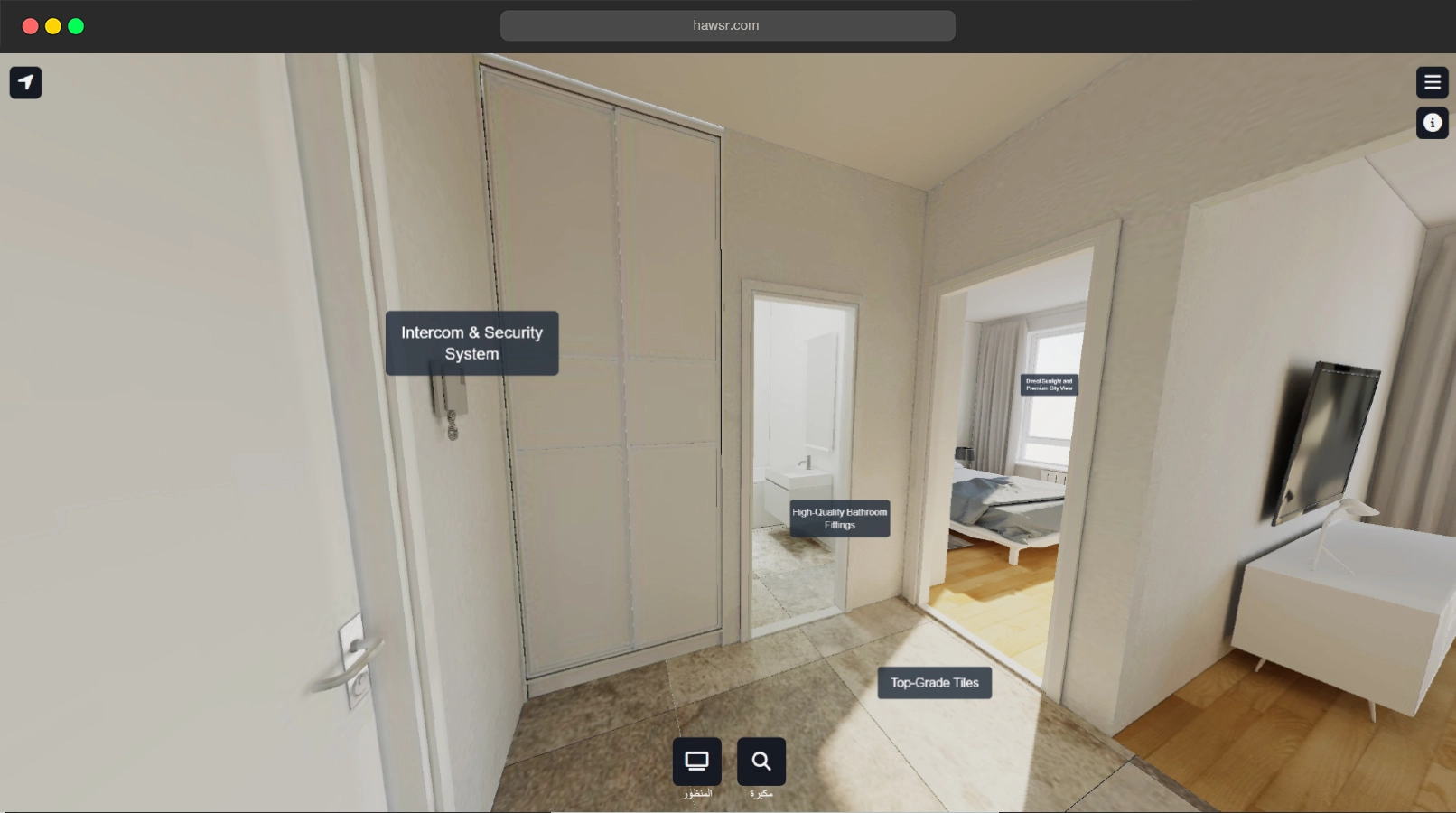 Annotation pins with details placed inside a 3D tour