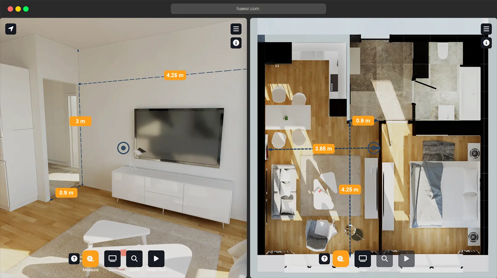 In-tour measurement of a room showing real dimensions