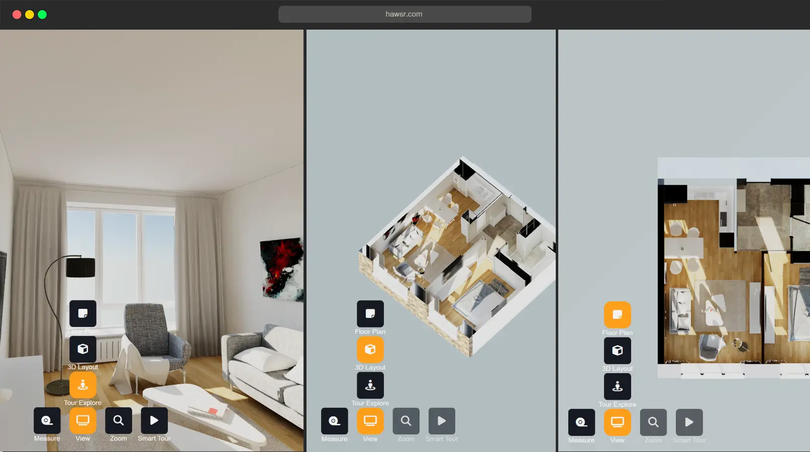 Dollhouse and first-person viewing perspectives of the same property